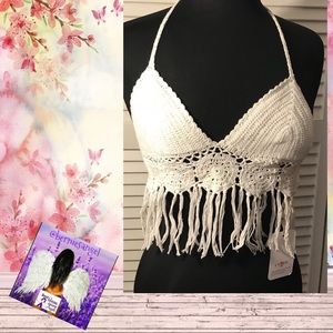 L’ ATISTE Crochet White Bikini Fringe Top S NWT